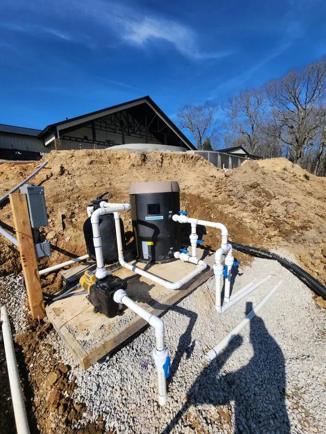 A&A Pools equipment installation — Hayward heater, pump, and filter after install in Maryville TN